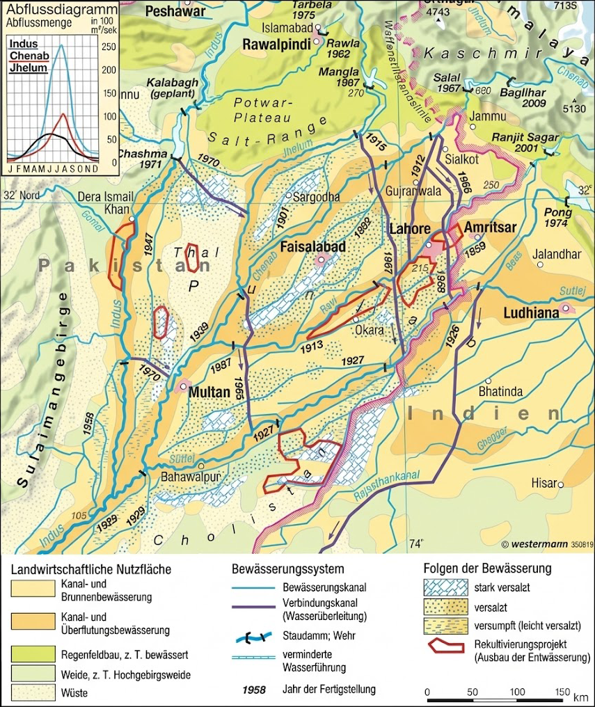 Karte: Bewässerungssysteme, landwirtschaftliche Flächen und Städte in der Grenzregion Pakistan/Indien.